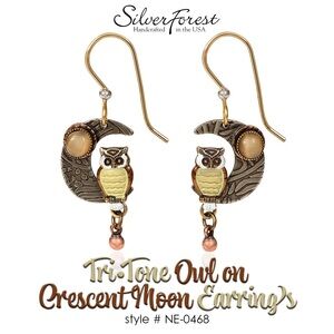 Silver Forest Tri-Tone Owl on Crescent Moon Earrings 🦉🌙